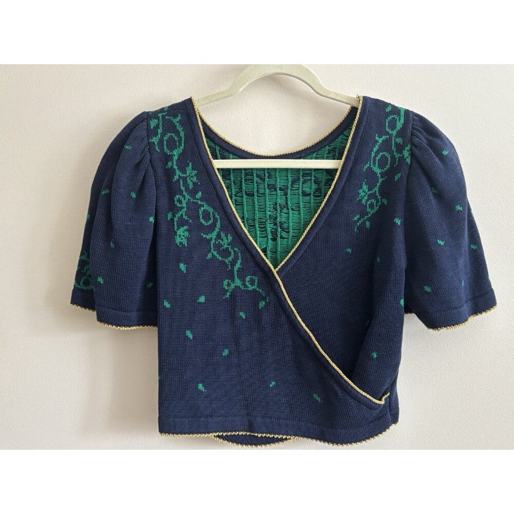 Vintage Blue Green Knit Wrap Sweater Cropped Fit Deep V Puff Sleeves Union Small - Picture 2 of 12